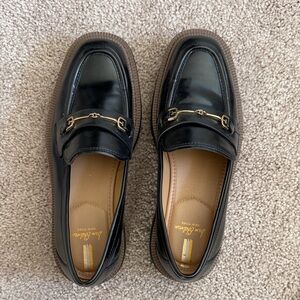 Sam Edelman Black Leather Loafers, Laurs platform with Gold Accents